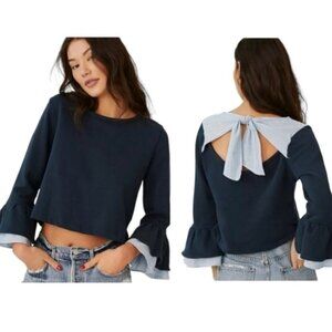 MAEVE Anthropologie Navy Blue White Flounced Bow-Black Pullover S NEW